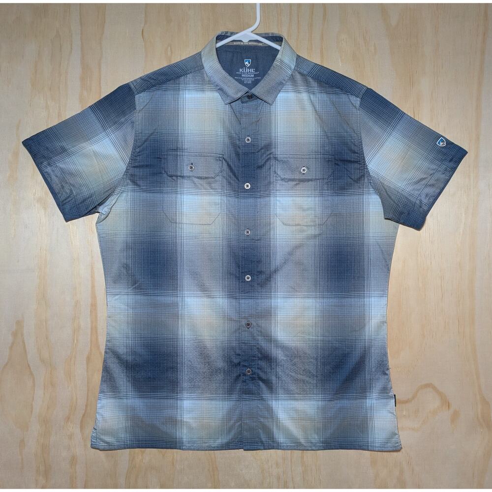 Kuhl Men's Medium Plaid Short Sleeve Button Up Shirt Blue Hiking Outdoor Tech